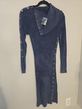 White House Black Market Navy Ribbed Button-Trim Long Sleeve Dress